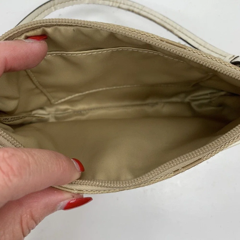 Coach Small Wristlet Signature Jacquard Monogram Khaki Tan White Patent Leather